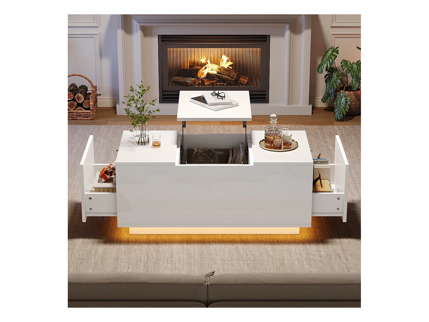 Table basse avec plateau relevable, 2 tiroirs, LED, design moderne, panneaux de particules, blanc (95x48x40 cm)
