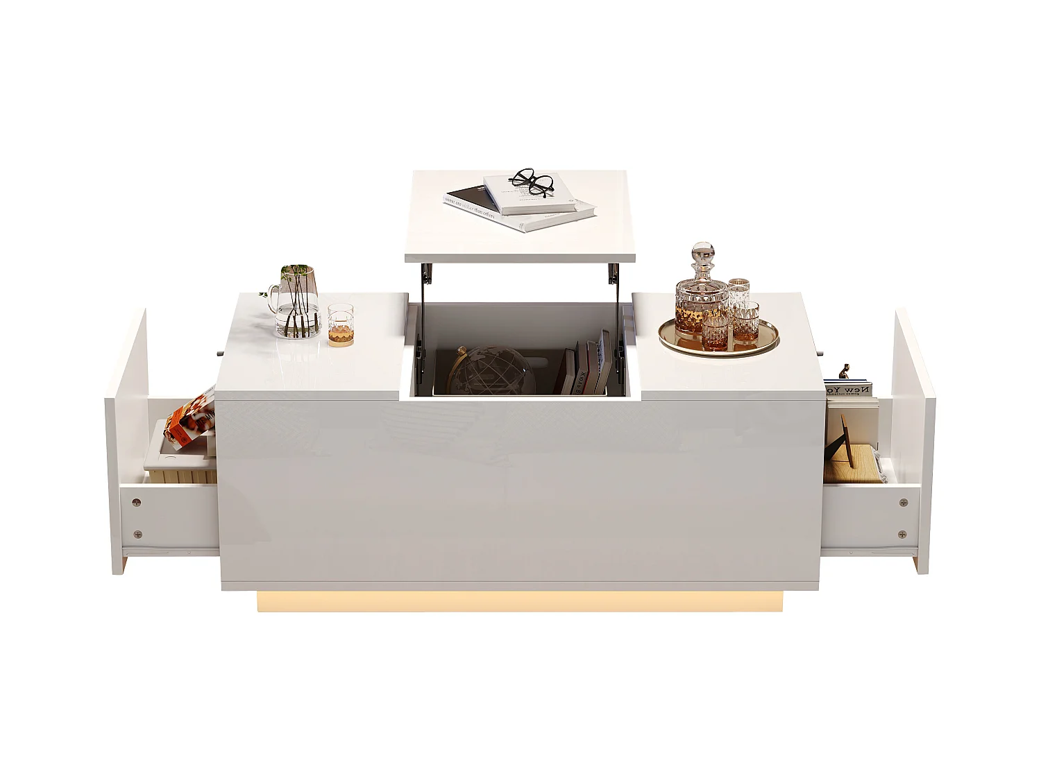 Table basse avec plateau relevable, 2 tiroirs, LED, design moderne, panneaux de particules, blanc (95x48x40 cm)