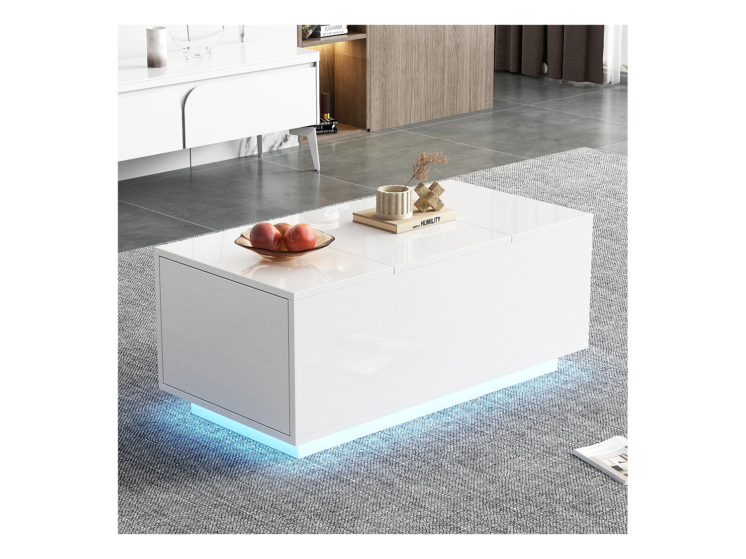 Table basse avec plateau relevable, 2 tiroirs, LED, design moderne, panneaux de particules, blanc (95x48x40 cm)