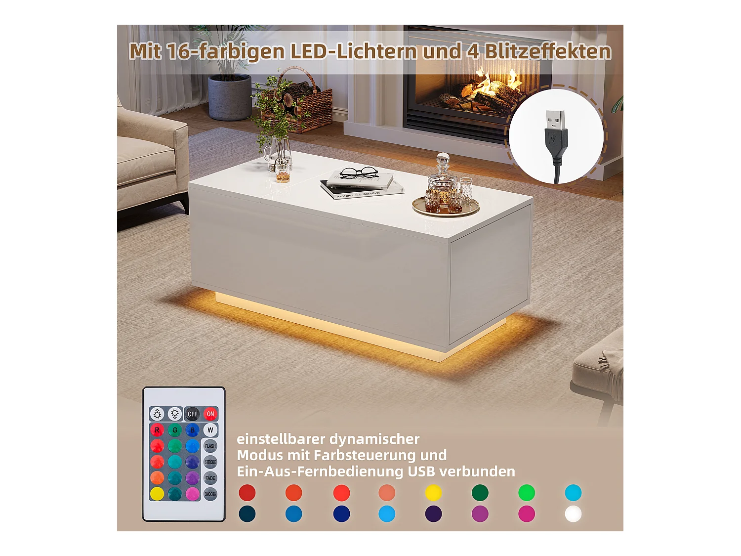 Table basse avec plateau relevable, 2 tiroirs, LED, design moderne, panneaux de particules, blanc (95x48x40 cm)