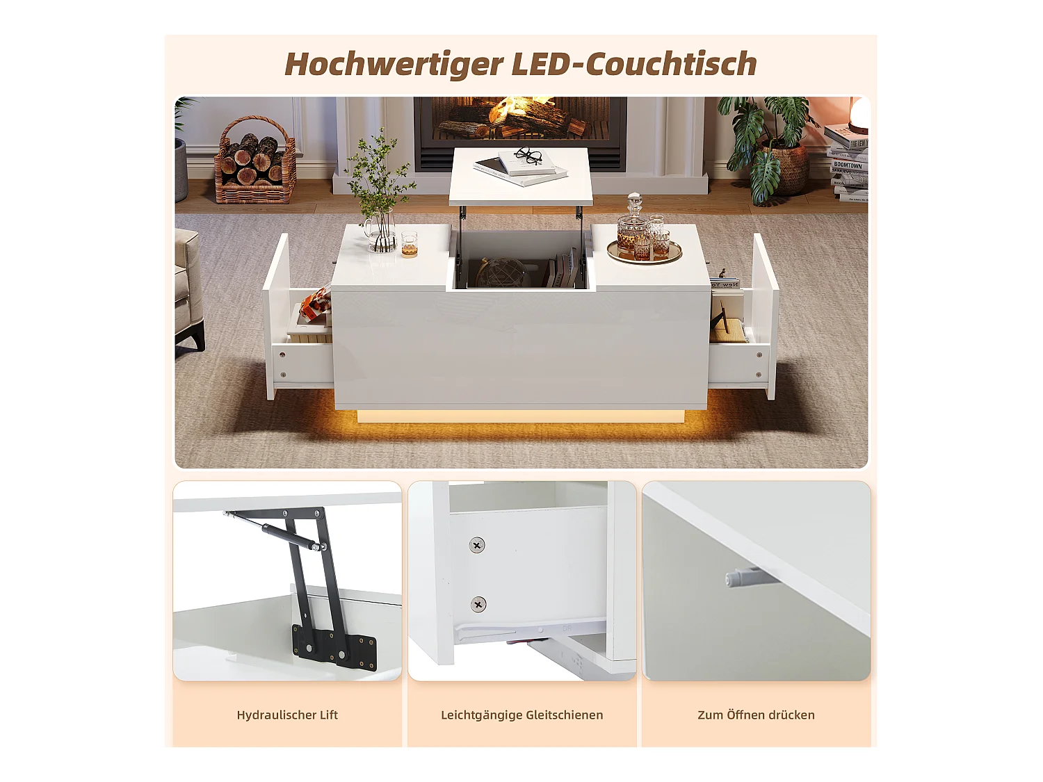 Table basse avec plateau relevable, 2 tiroirs, LED, design moderne, panneaux de particules, blanc (95x48x40 cm)