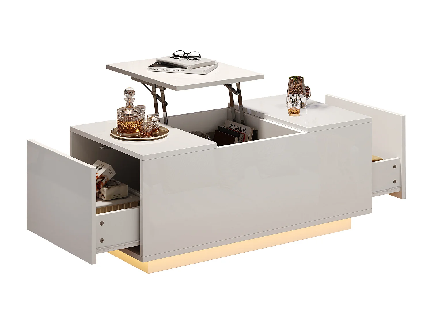 Tavolino con piano ribaltabile, 2 cassetti, LED, design moderno, pannello di particelle, bianco (95x48x40 cm)