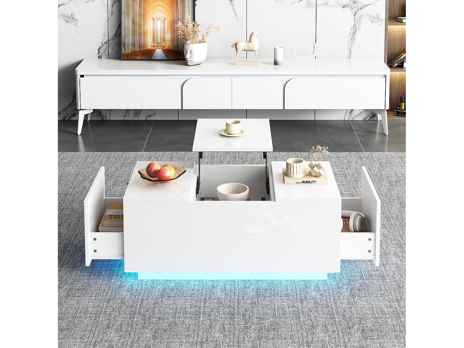 Tavolino con piano ribaltabile, 2 cassetti, LED, design moderno, pannello di particelle, bianco (95x48x40 cm)