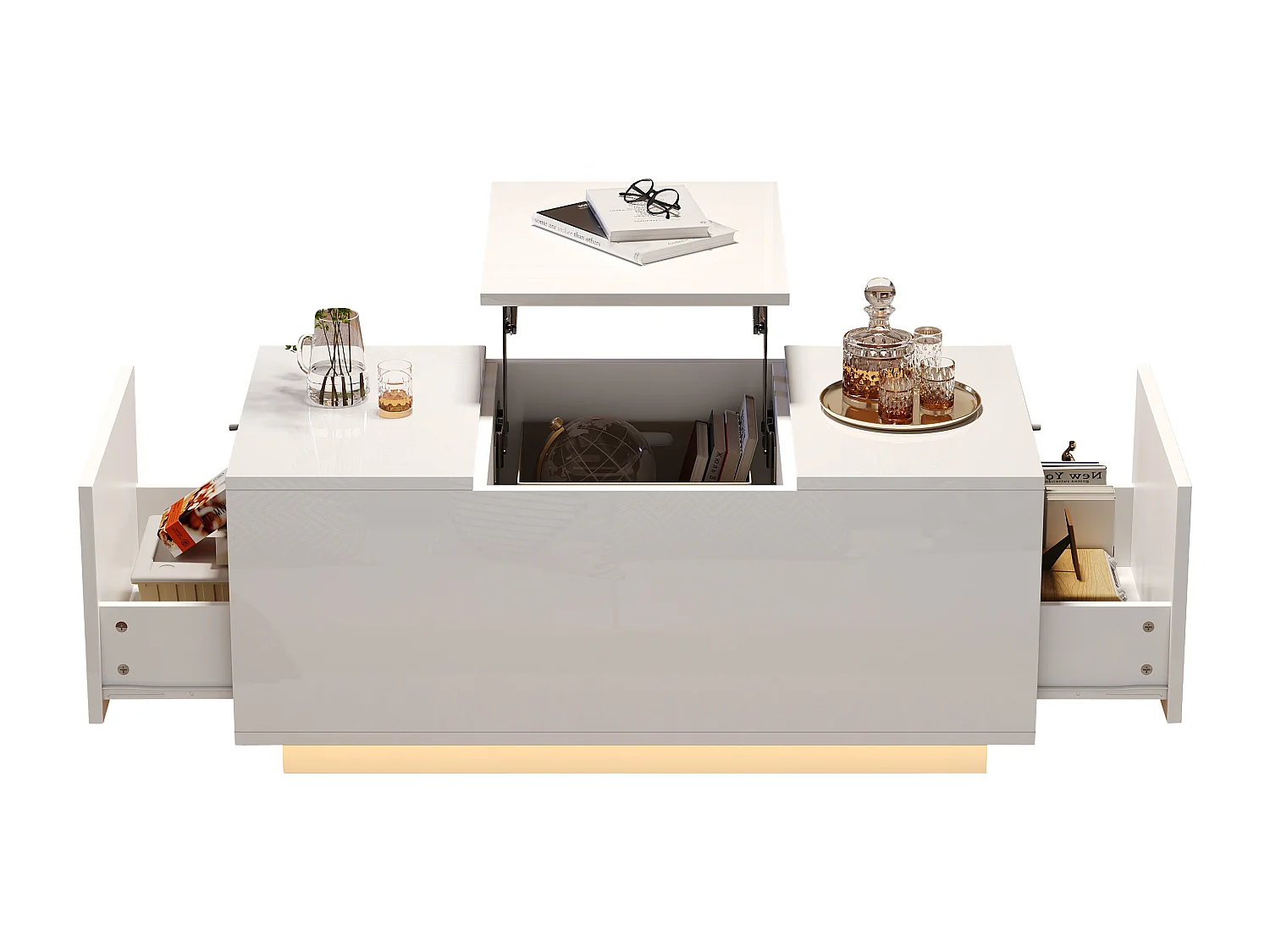 Tavolino con piano ribaltabile, 2 cassetti, LED, design moderno, pannello di particelle, bianco (95x48x40 cm)