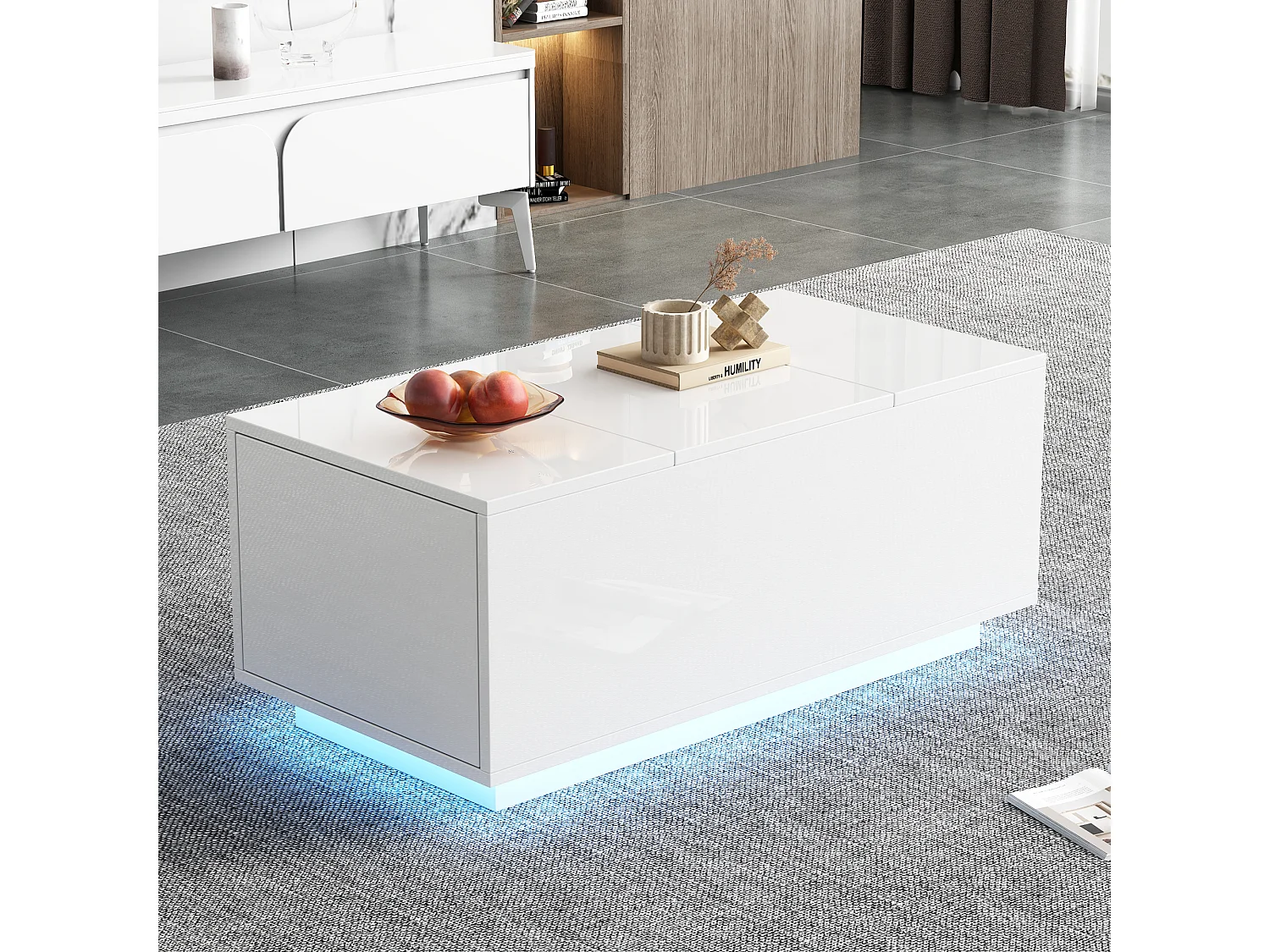 Tavolino con piano ribaltabile, 2 cassetti, LED, design moderno, pannello di particelle, bianco (95x48x40 cm)
