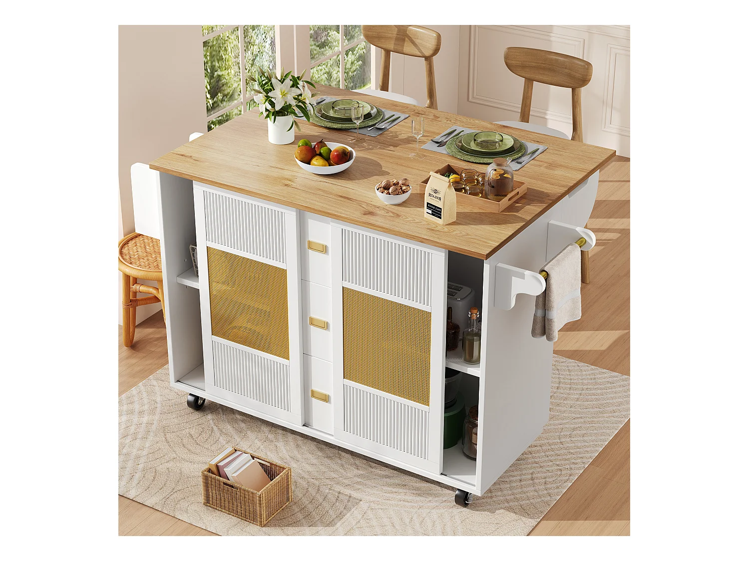 Îlot de cuisine avec espace de rangement, MDF et métal, blanc, avec roulettes et étagères ajustables (146.85x70x90 cm)