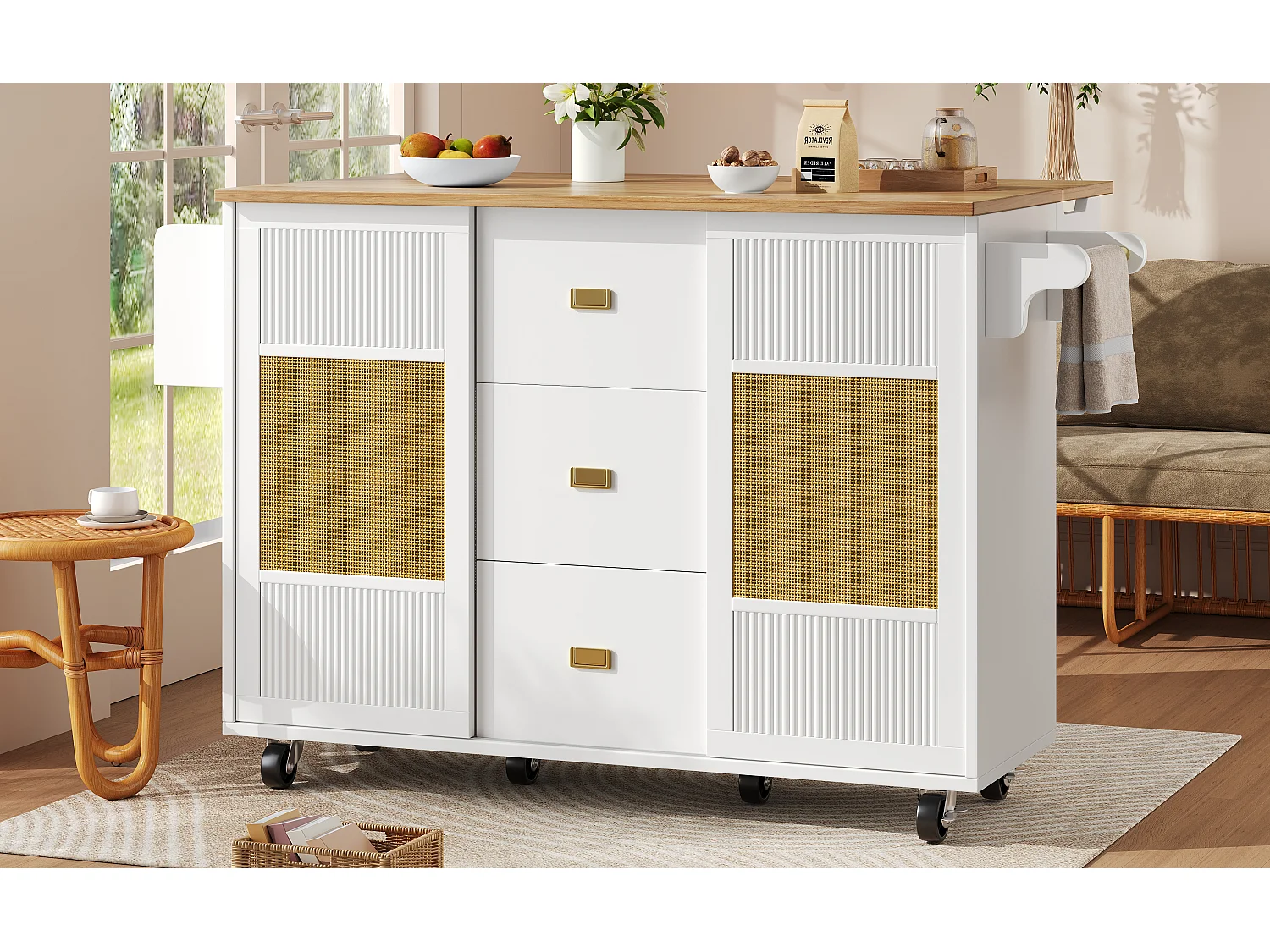 Îlot de cuisine avec espace de rangement, MDF et métal, blanc, avec roulettes et étagères ajustables (146.85x70x90 cm)