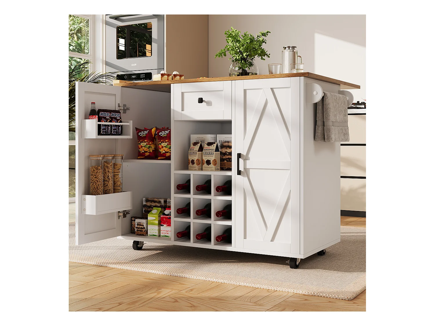 Isola cucina moderna, mobile contenitore multifunzionale, MDF marmorizzato bianco, gambe in metallo incrociate (137,5x40x95,6 cm)