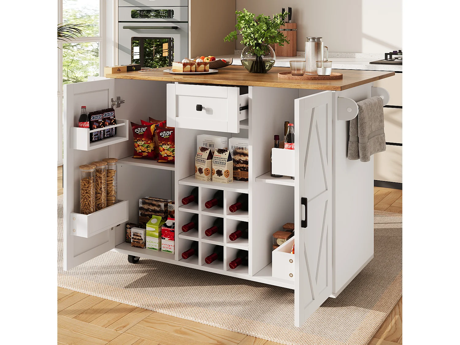 Isola cucina moderna, mobile contenitore multifunzionale, MDF marmorizzato bianco, gambe in metallo incrociate (137,5x40x95,6 cm)