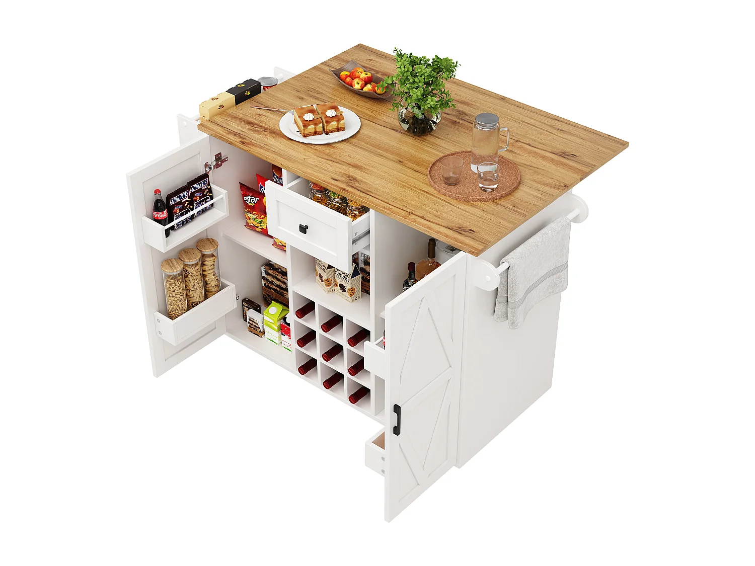 Isola cucina moderna, mobile contenitore multifunzionale, MDF marmorizzato bianco, gambe in metallo incrociate (137,5x40x95,6 cm)