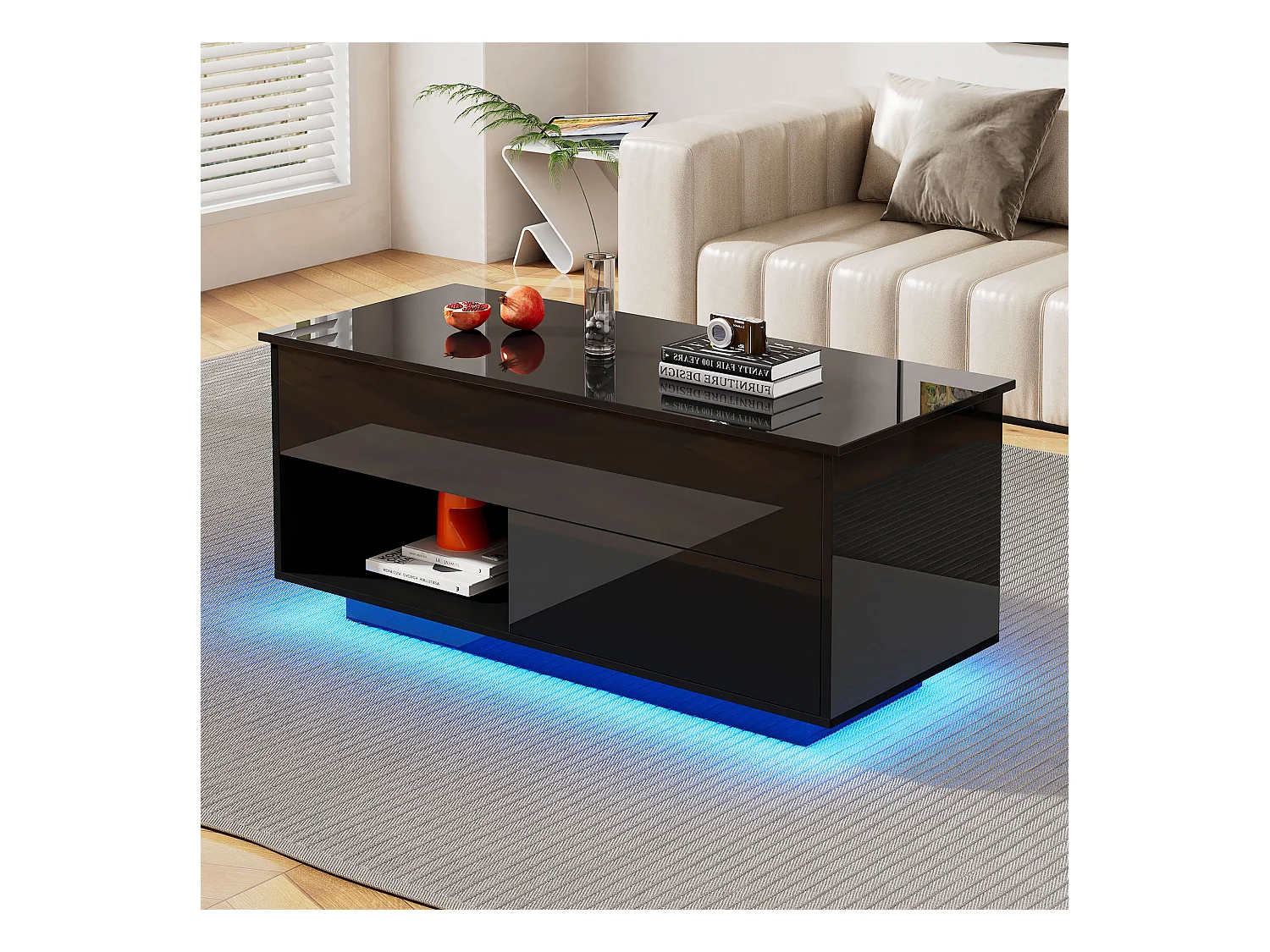 Tavolino da caffè sollevabile nero con LED, piano idraulico e contenitore, pannello truciolare (100x50x55cm)