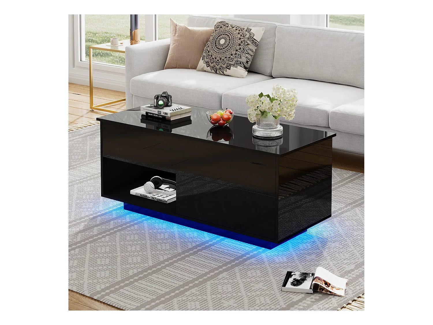 Tavolino da caffè sollevabile nero con LED, piano idraulico e contenitore, pannello truciolare (100x50x55cm)