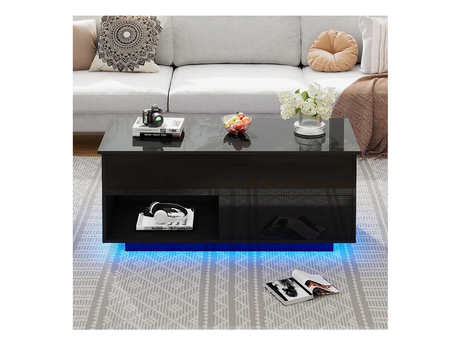 Tavolino da caffè sollevabile nero con LED, piano idraulico e contenitore, pannello truciolare (100x50x55cm)