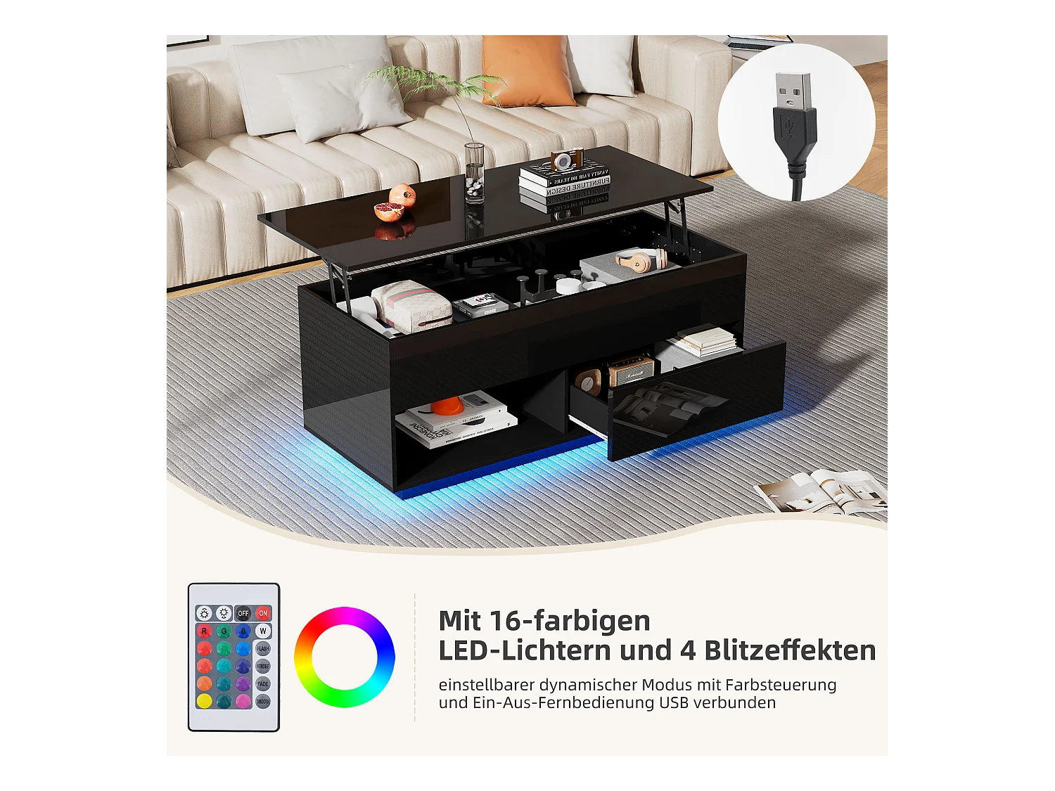 Tavolino da caffè sollevabile nero con LED, piano idraulico e contenitore, pannello truciolare (100x50x55cm)