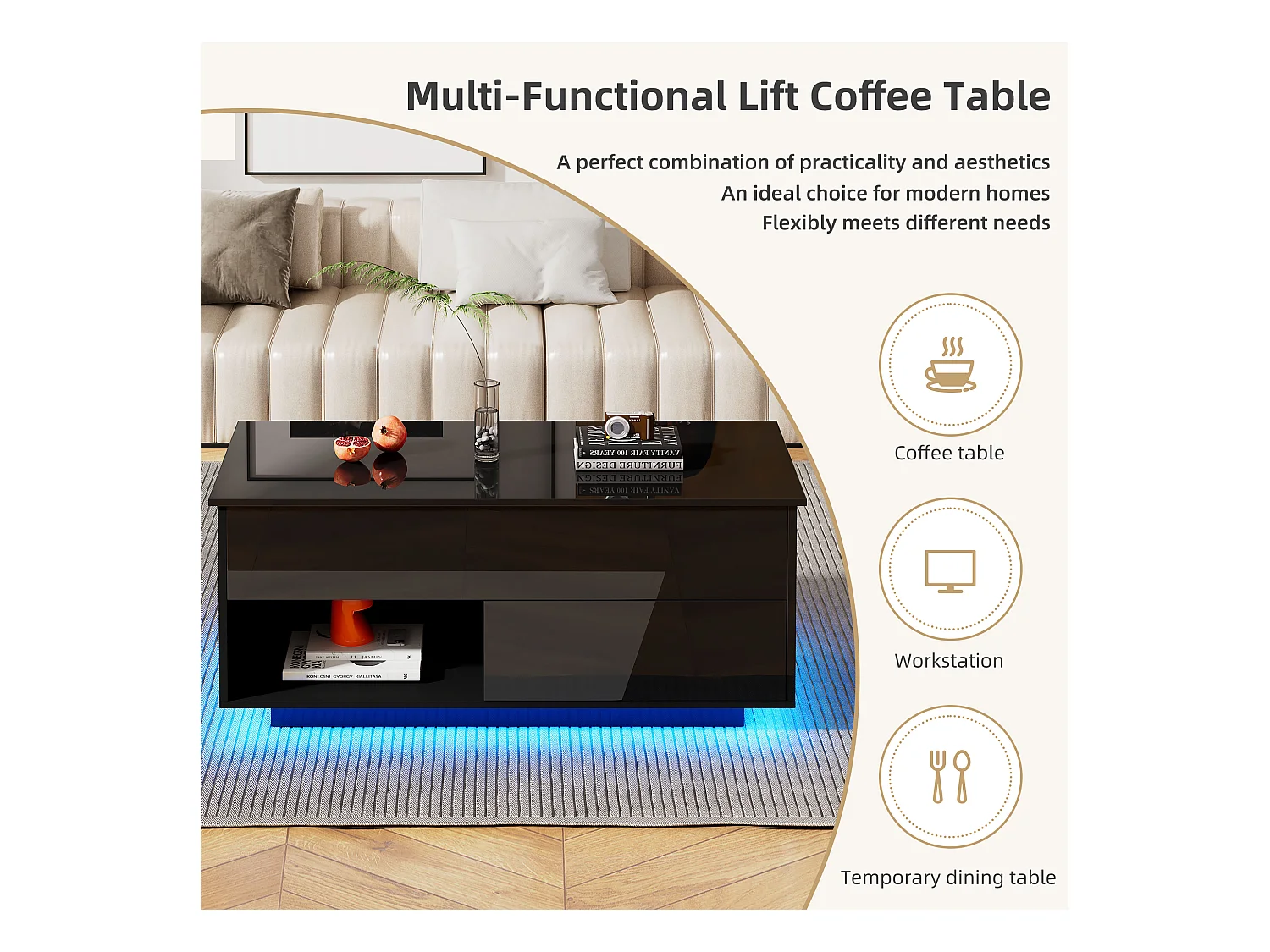 Tavolino da caffè sollevabile nero con LED, piano idraulico e contenitore, pannello truciolare (100x50x55cm)