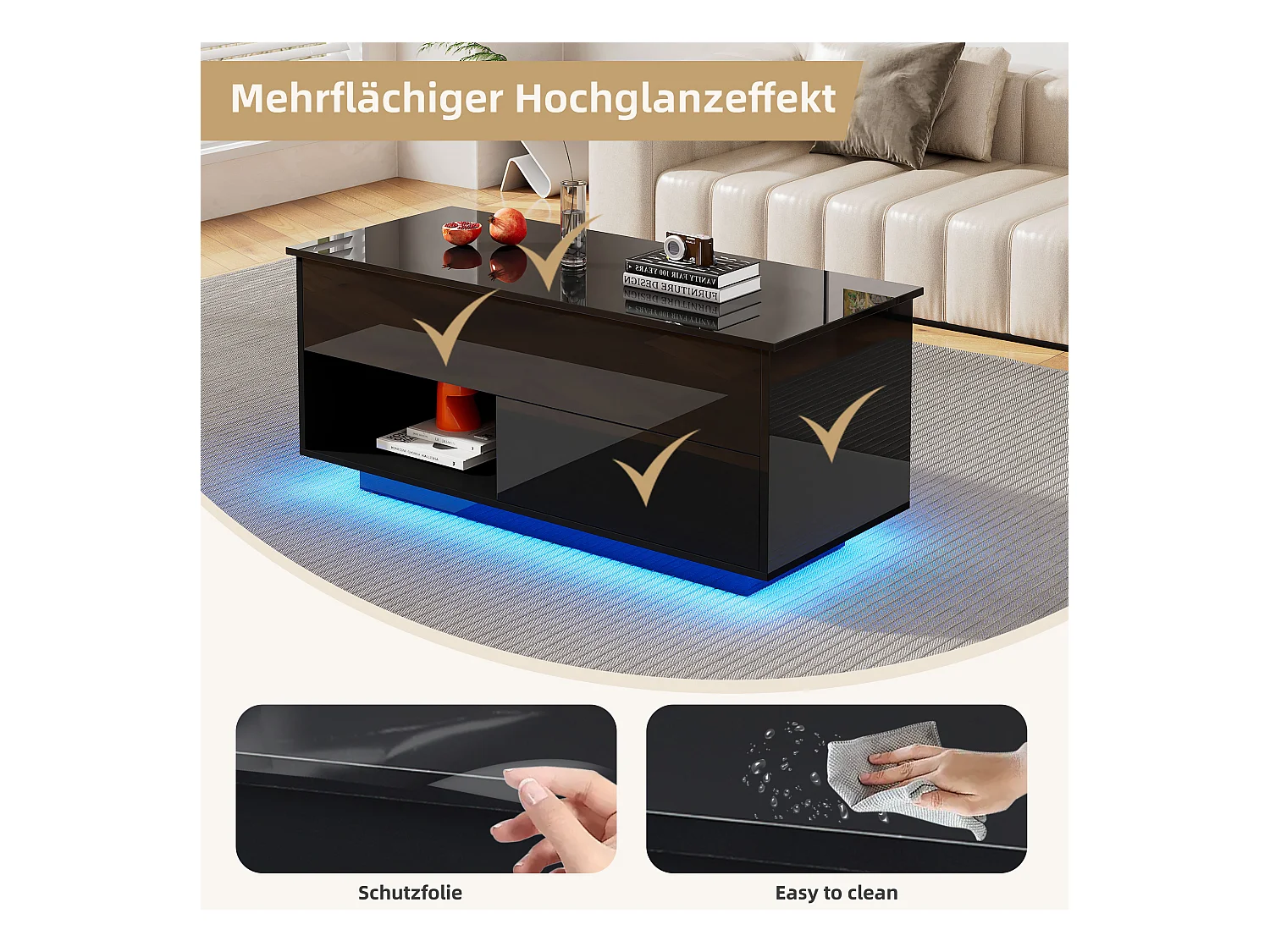 Tavolino da caffè sollevabile nero con LED, piano idraulico e contenitore, pannello truciolare (100x50x55cm)