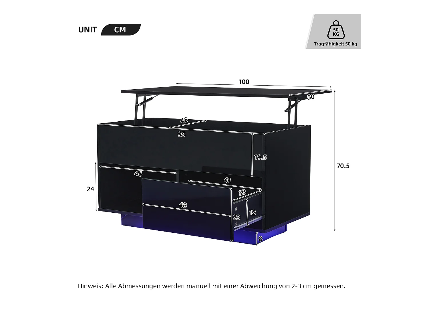 Tavolino da caffè sollevabile nero con LED, piano idraulico e contenitore, pannello truciolare (100x50x55cm)