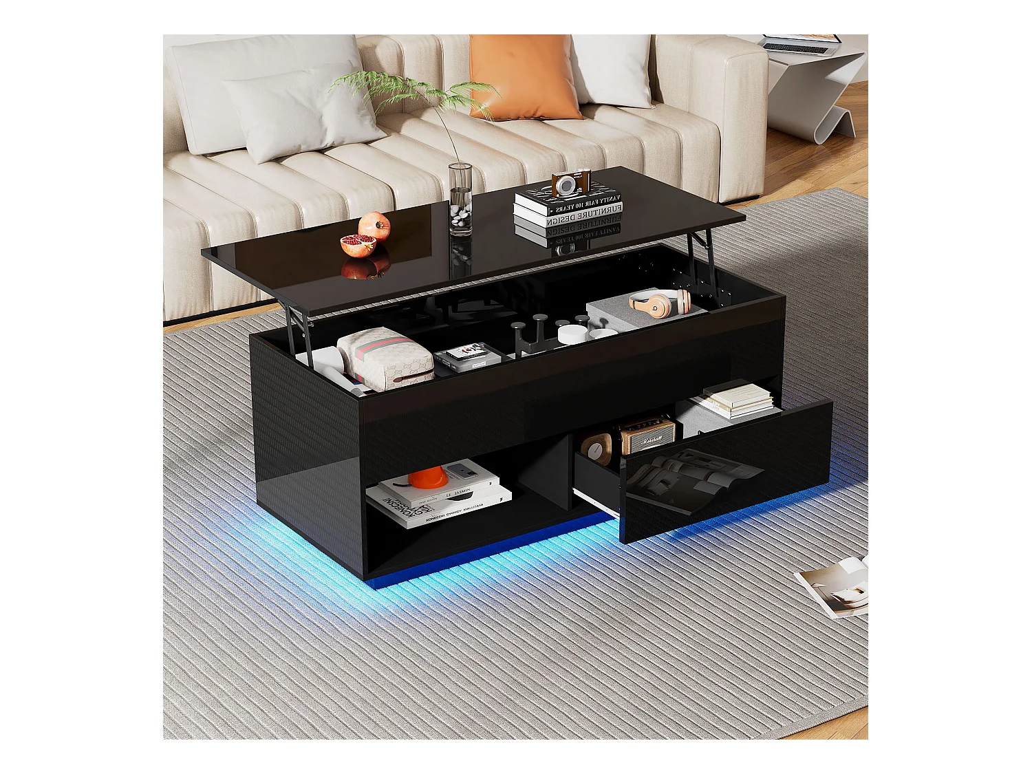 Table basse relevable noire avec LED, plateau hydraulique et rangements, panneaux de particules (100x50x55cm)