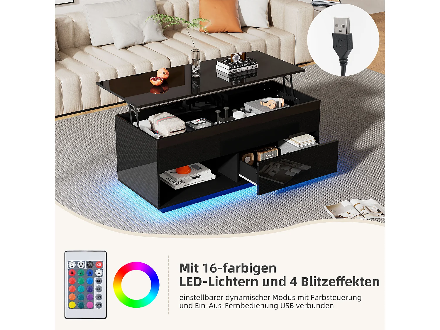 Table basse relevable noire avec LED, plateau hydraulique et rangements, panneaux de particules (100x50x55cm)