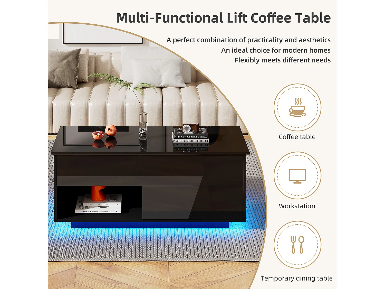 Table basse relevable noire avec LED, plateau hydraulique et rangements, panneaux de particules (100x50x55cm)