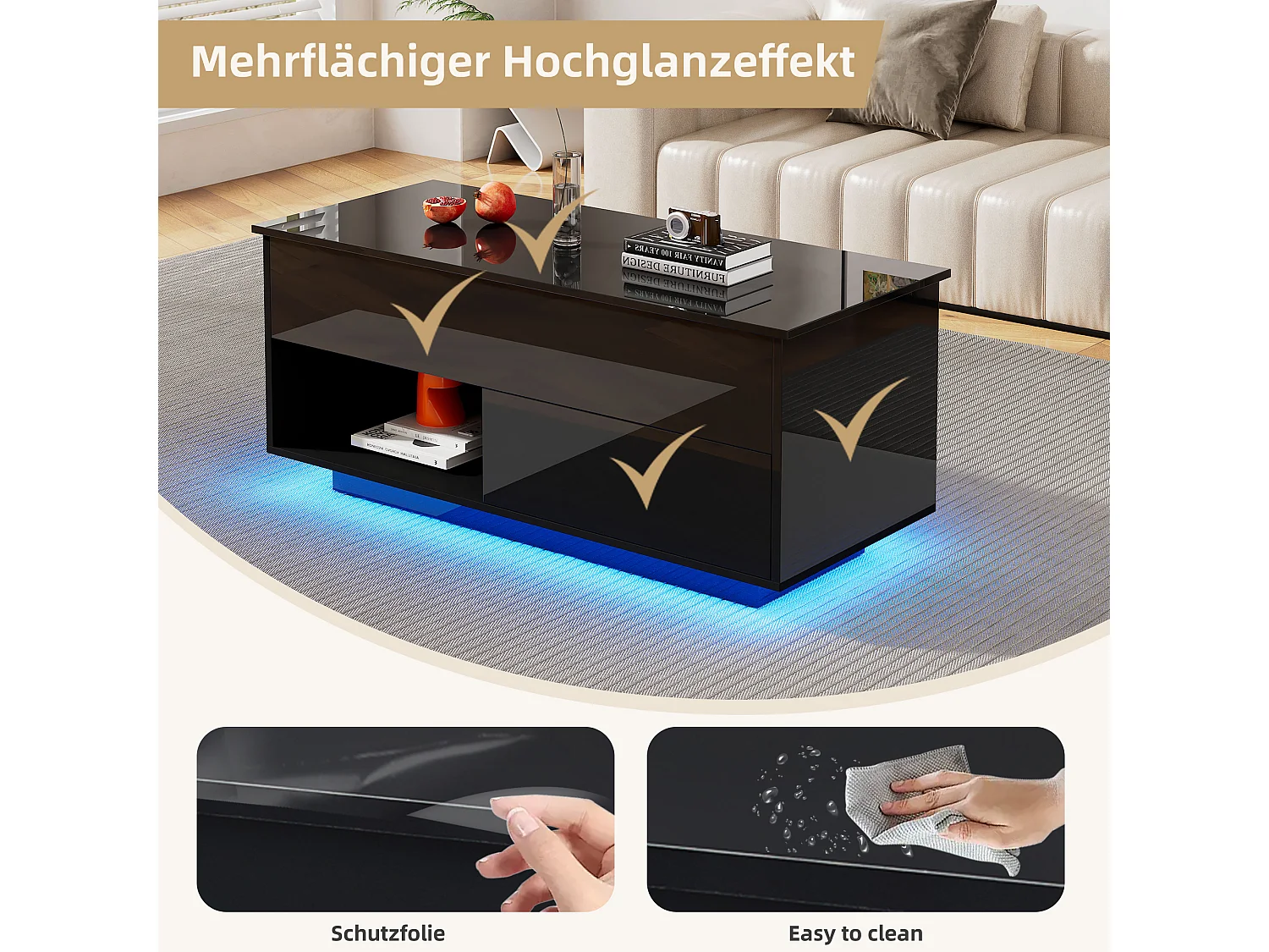 Table basse relevable noire avec LED, plateau hydraulique et rangements, panneaux de particules (100x50x55cm)