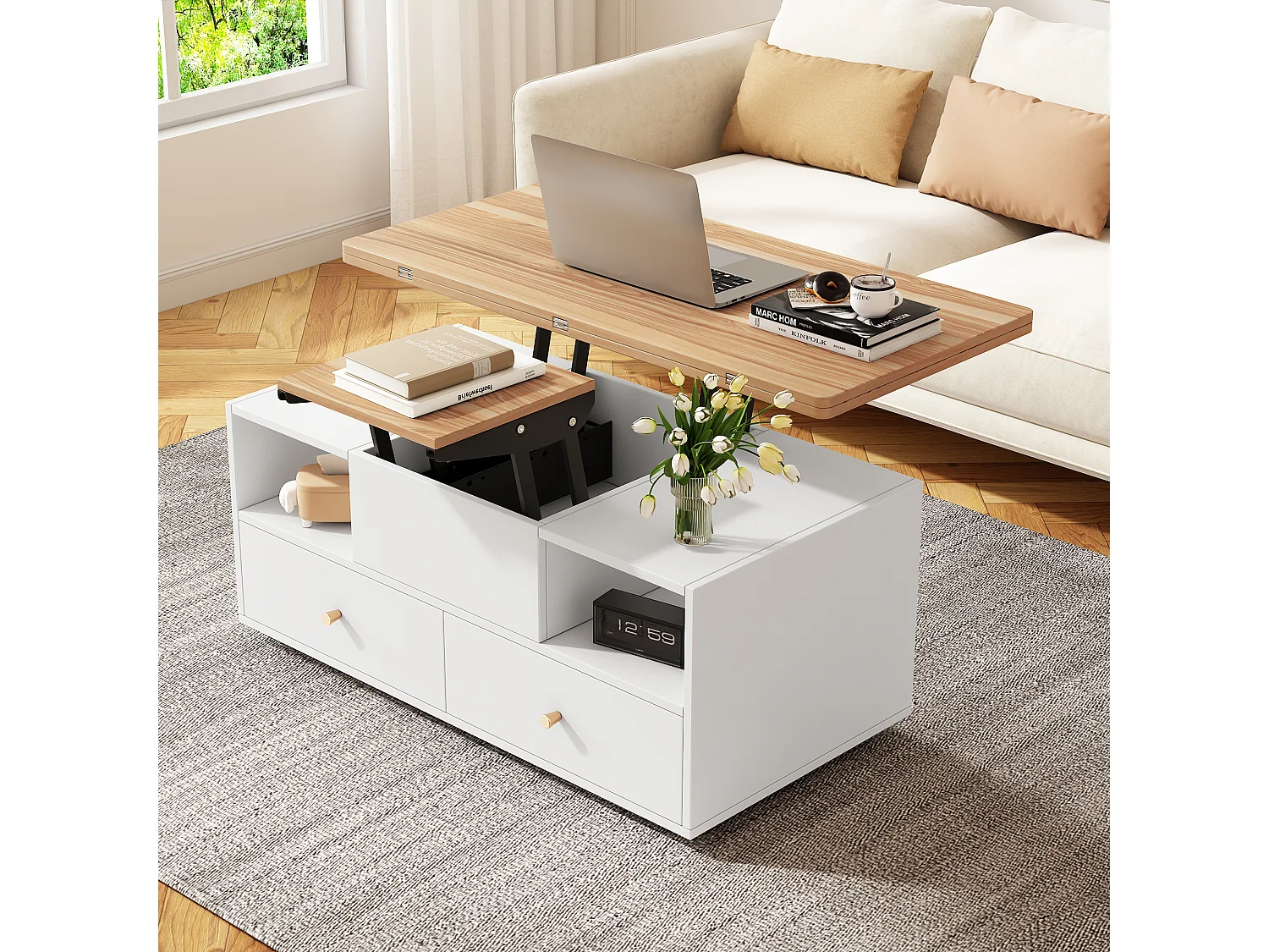 Tavolino trasformabile regolabile in altezza, 4 cassetti e piano allungabile, MDF, legno naturale e bianco (100x50x47,5cm)