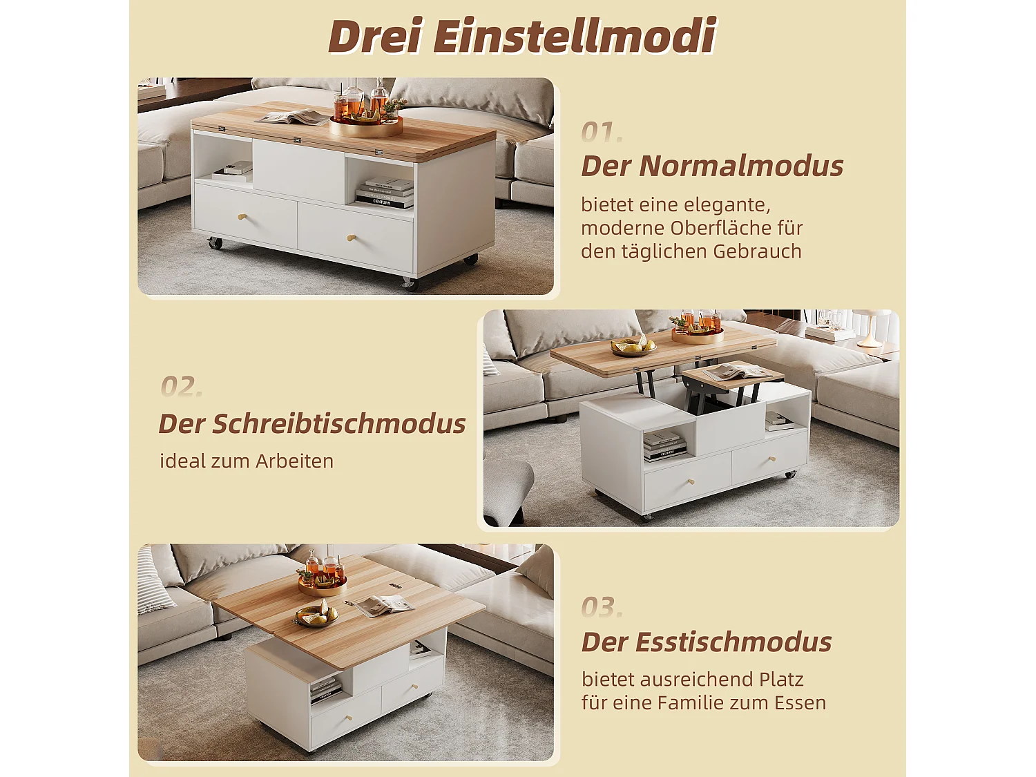 Tavolino trasformabile regolabile in altezza, 4 cassetti e piano allungabile, MDF, legno naturale e bianco (100x50x47,5cm)