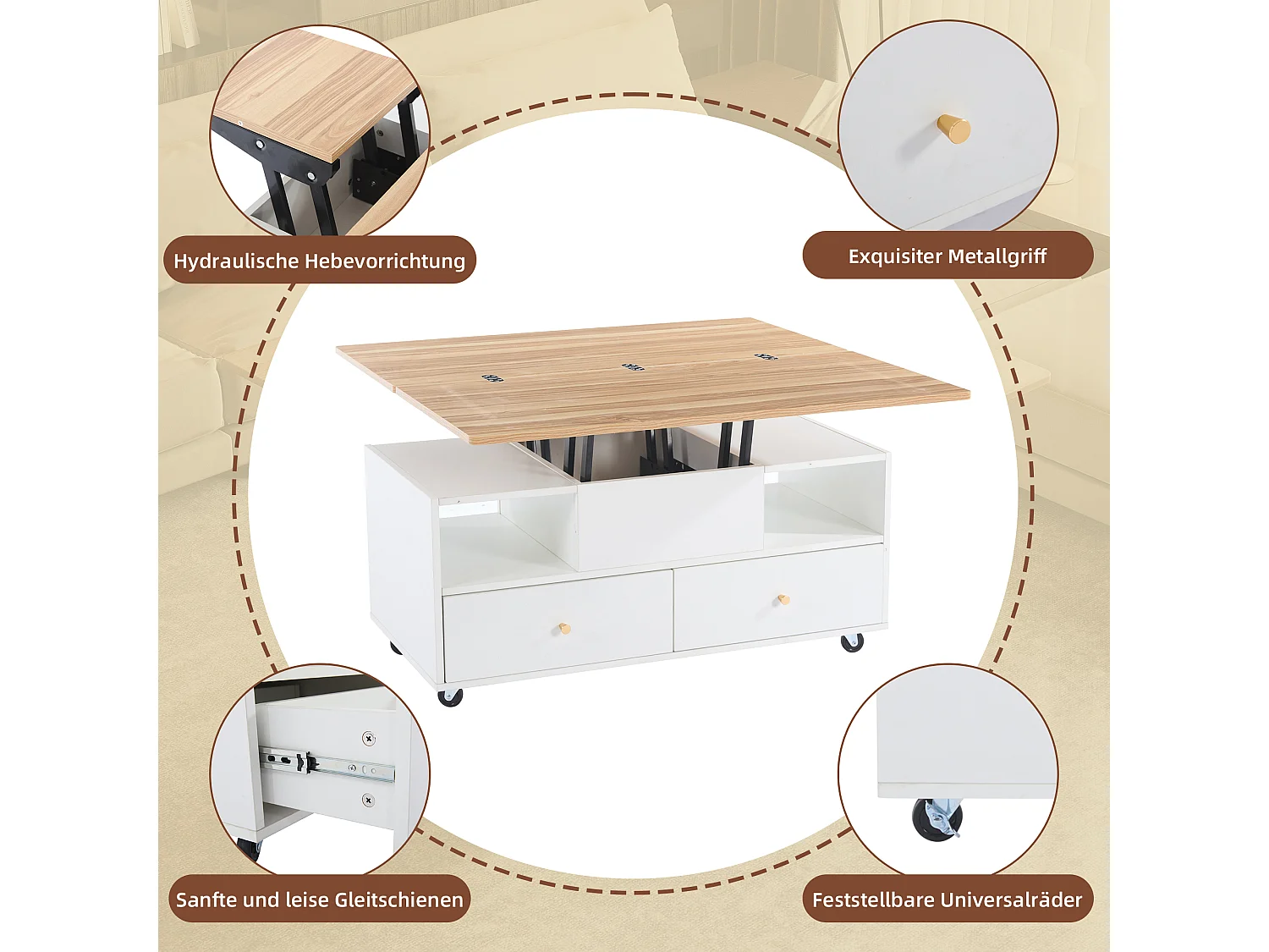 Tavolino trasformabile regolabile in altezza, 4 cassetti e piano allungabile, MDF, legno naturale e bianco (100x50x47,5cm)