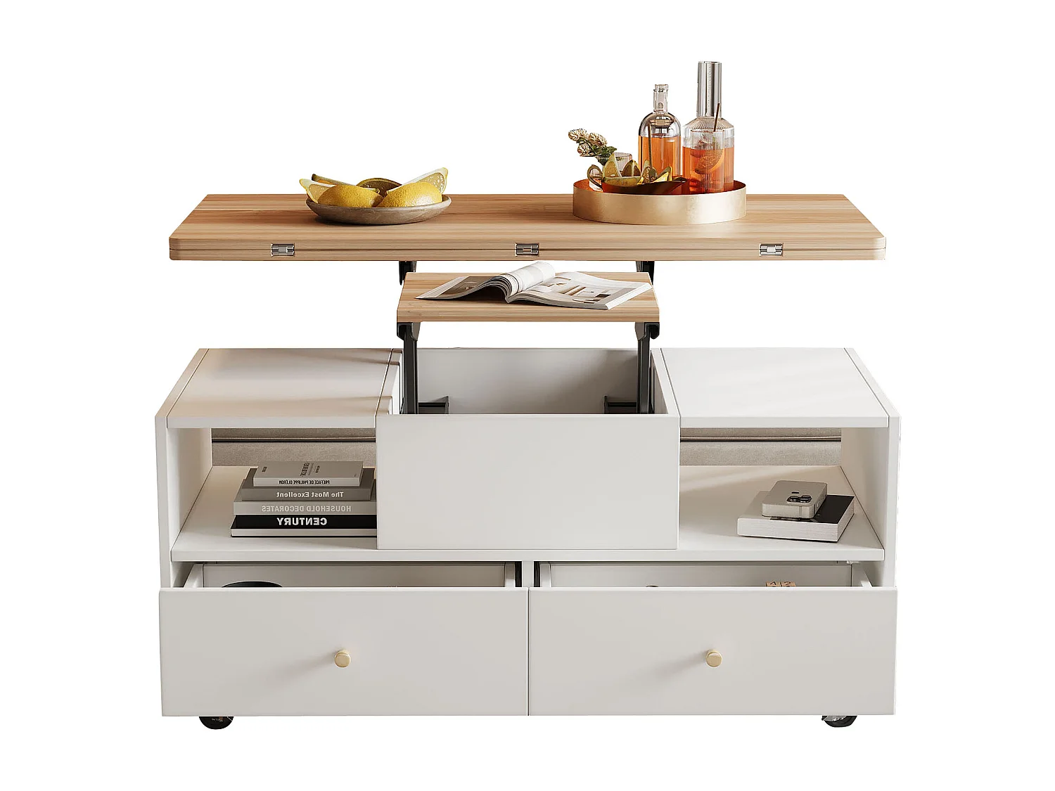 Tavolino trasformabile regolabile in altezza, 4 cassetti e piano allungabile, MDF, legno naturale e bianco (100x50x47,5cm)