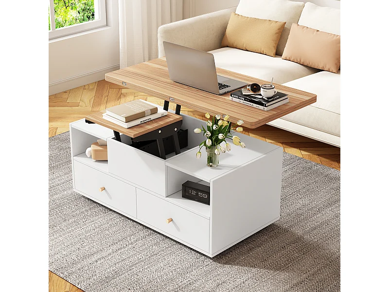 Tavolino trasformabile regolabile in altezza, 4 cassetti e piano allungabile, MDF, legno naturale e bianco (100x50x47,5cm)