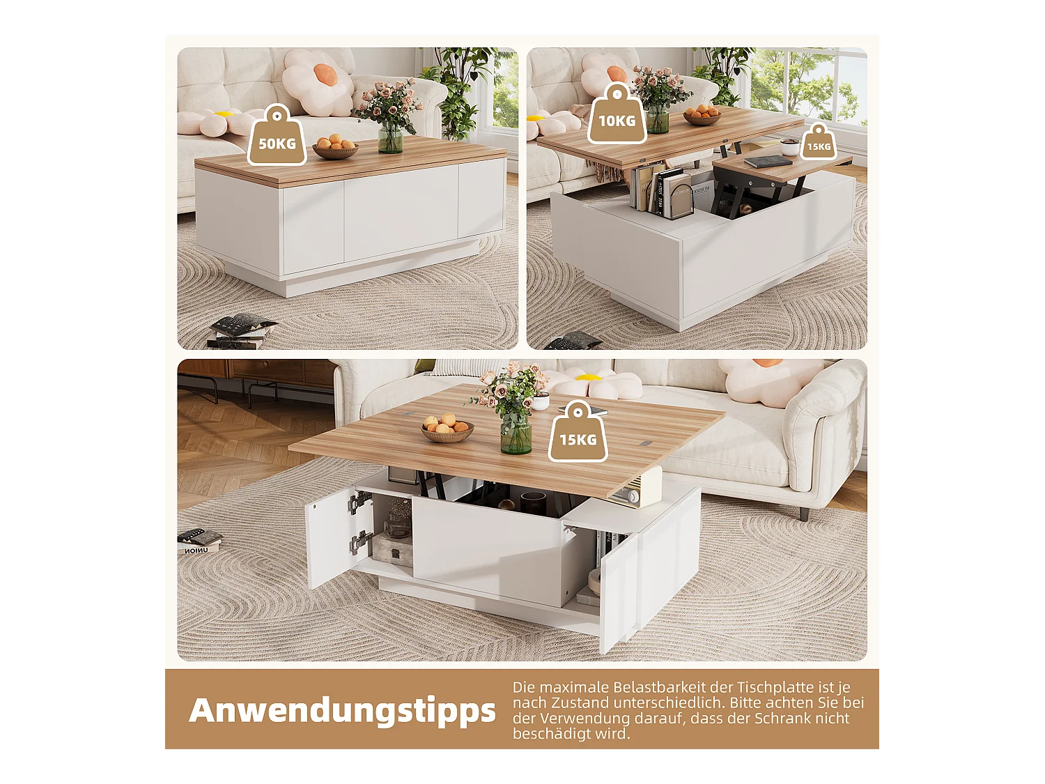 Table basse moderne à mécanisme relevable double, rangement intégré, panneau de particules blanc et bois (100x50x40cm)