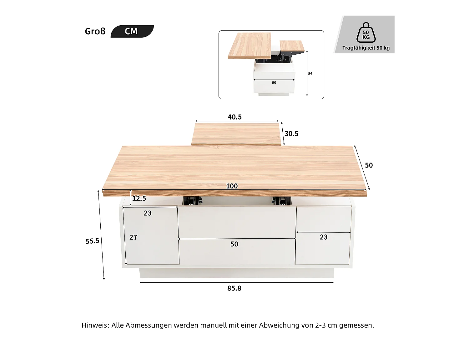 Table basse moderne à mécanisme relevable double, rangement intégré, panneau de particules blanc et bois (100x50x40cm)