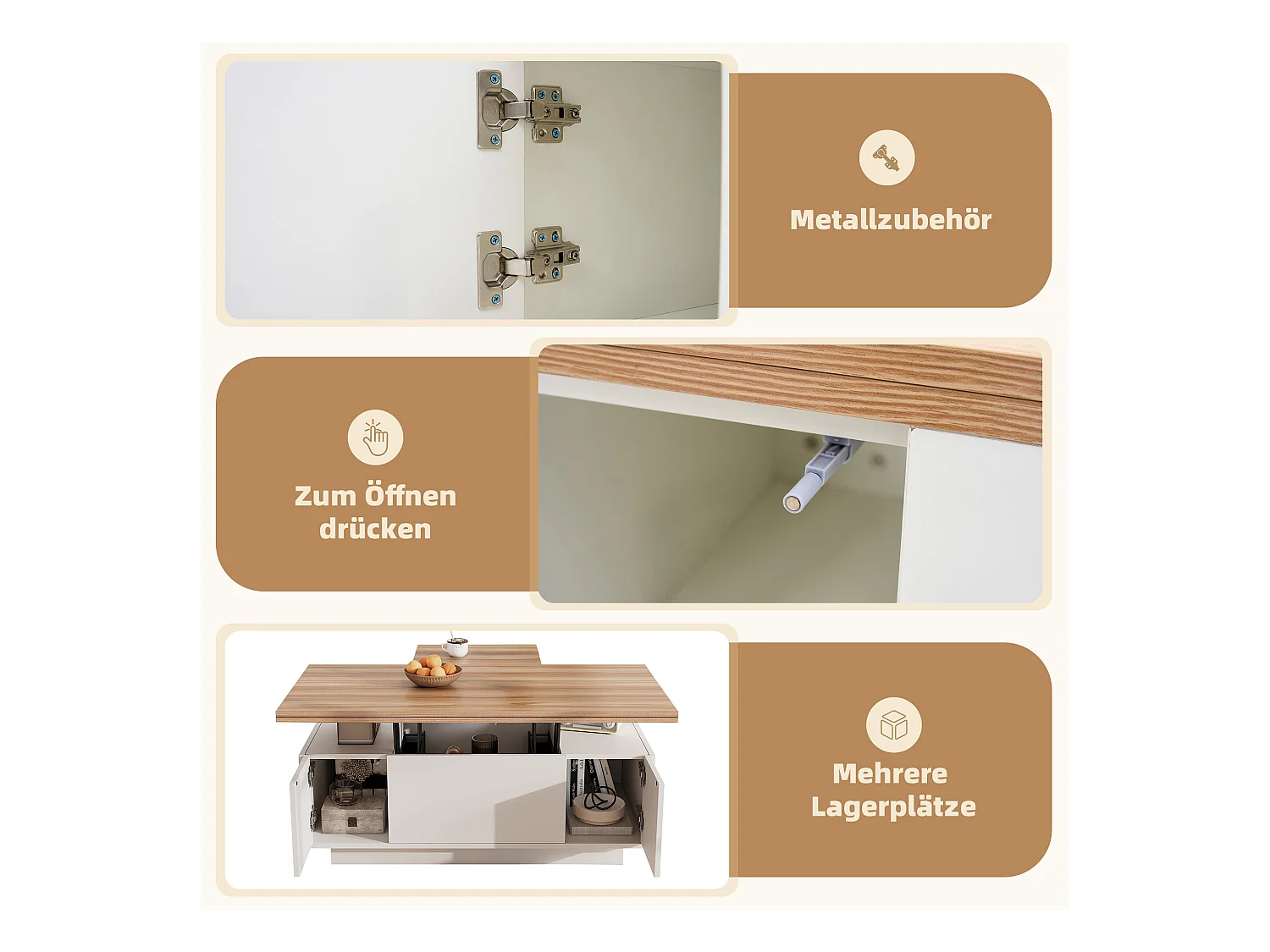 Table basse moderne à mécanisme relevable double, rangement intégré, panneau de particules blanc et bois (100x50x40cm)