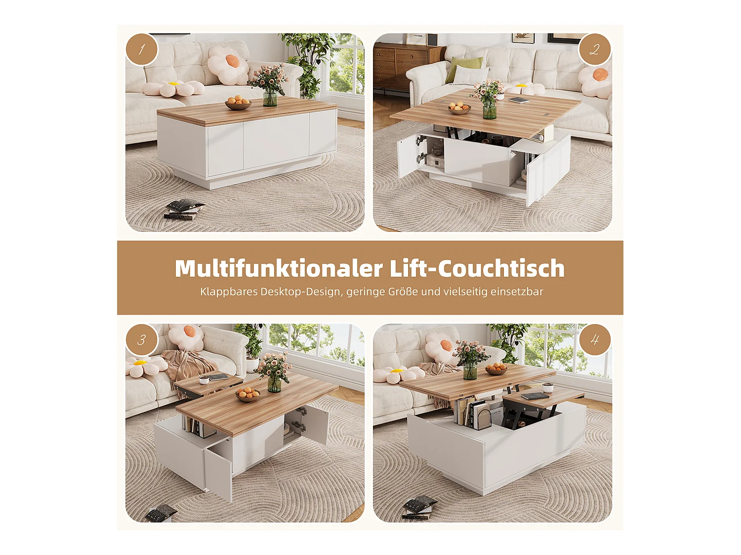 Table basse moderne à mécanisme relevable double, rangement intégré, panneau de particules blanc et bois (100x50x40cm)