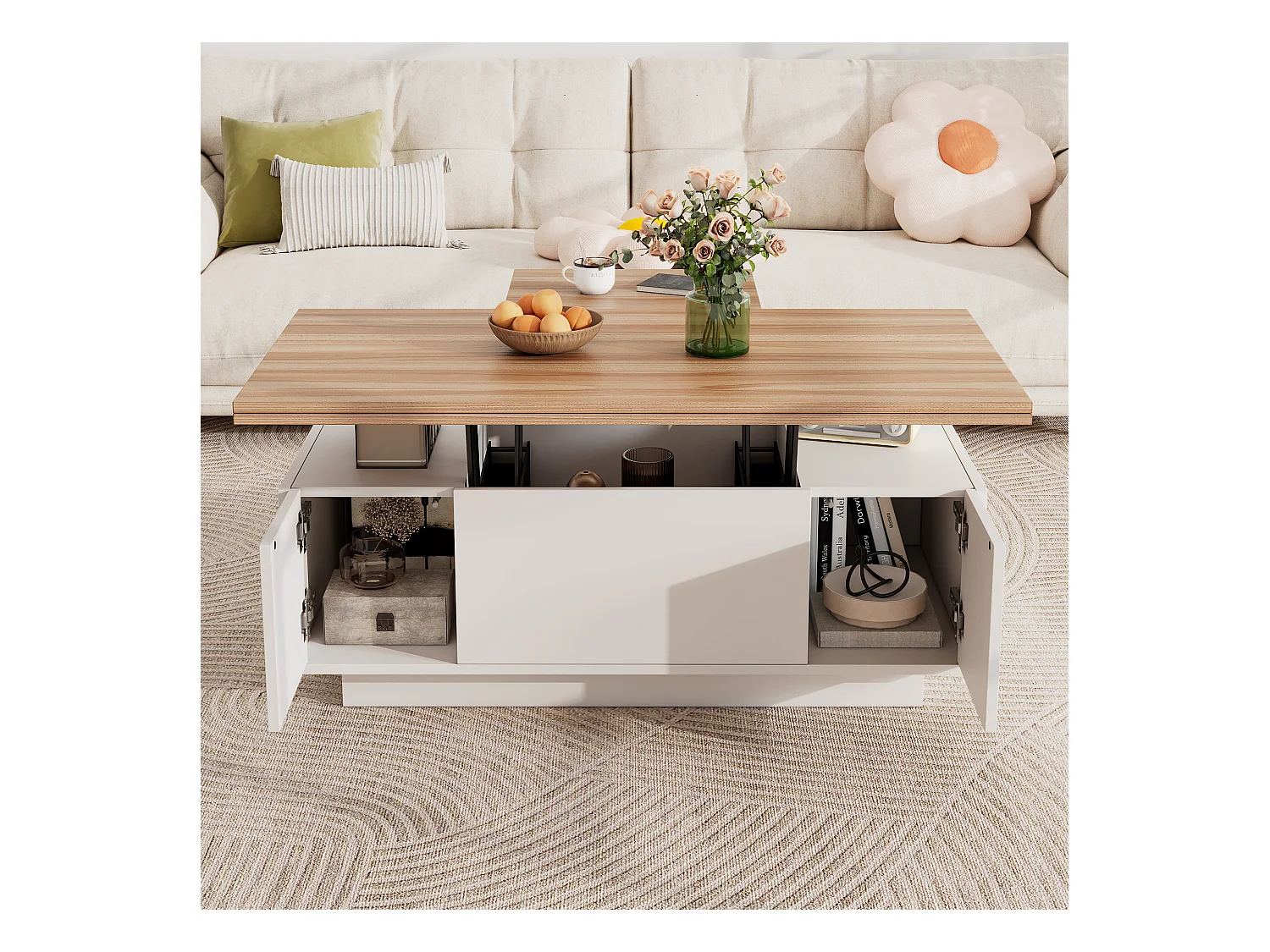 Table basse moderne à mécanisme relevable double, rangement intégré, panneau de particules blanc et bois (100x50x40cm)