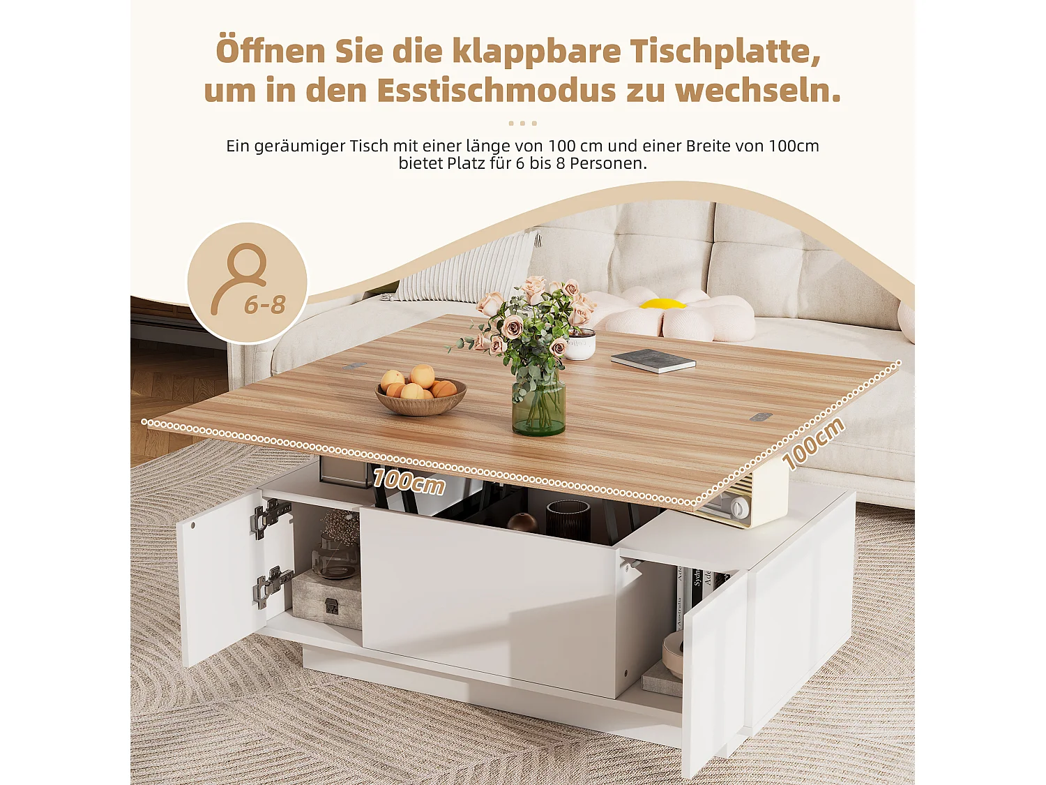 Moderne salontafel met dubbel liftmechanisme, geïntegreerde opbergruimte, witte spaanplaat en hout (100x50x40cm)