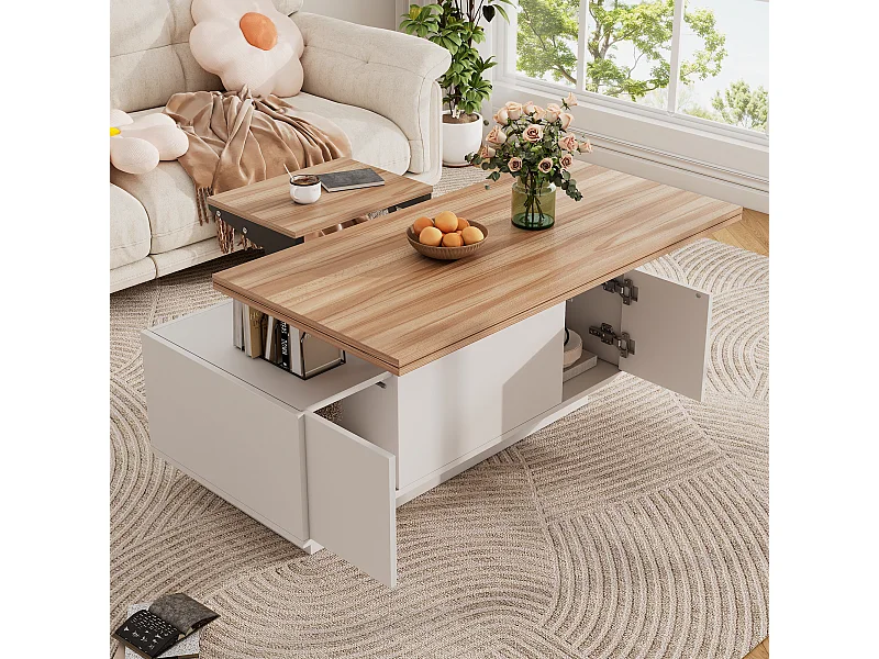 Table basse moderne à mécanisme relevable double, rangement intégré, panneau de particules blanc et bois (100x50x40cm)