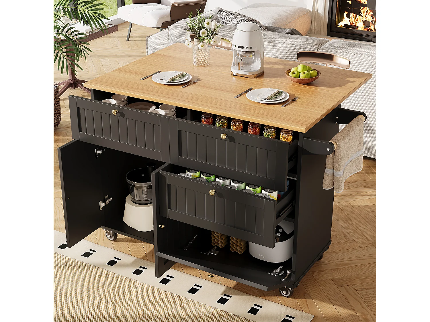Îlot de cuisine moderne, meuble de rangement, table extensible avec rangement, MDF, noir (133x49.2x88 cm)
