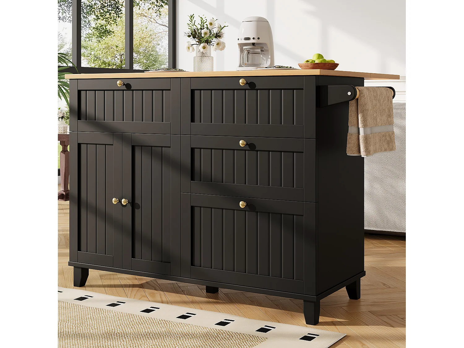 Îlot de cuisine moderne, meuble de rangement, table extensible avec rangement, MDF, noir (133x49.2x88 cm)