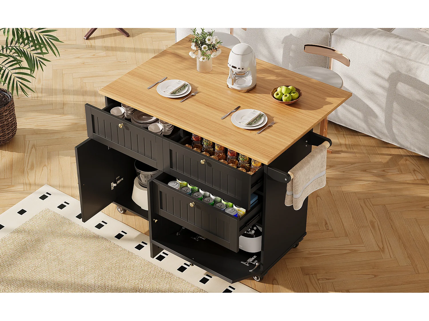 Îlot de cuisine moderne, meuble de rangement, table extensible avec rangement, MDF, noir (133x49.2x88 cm)