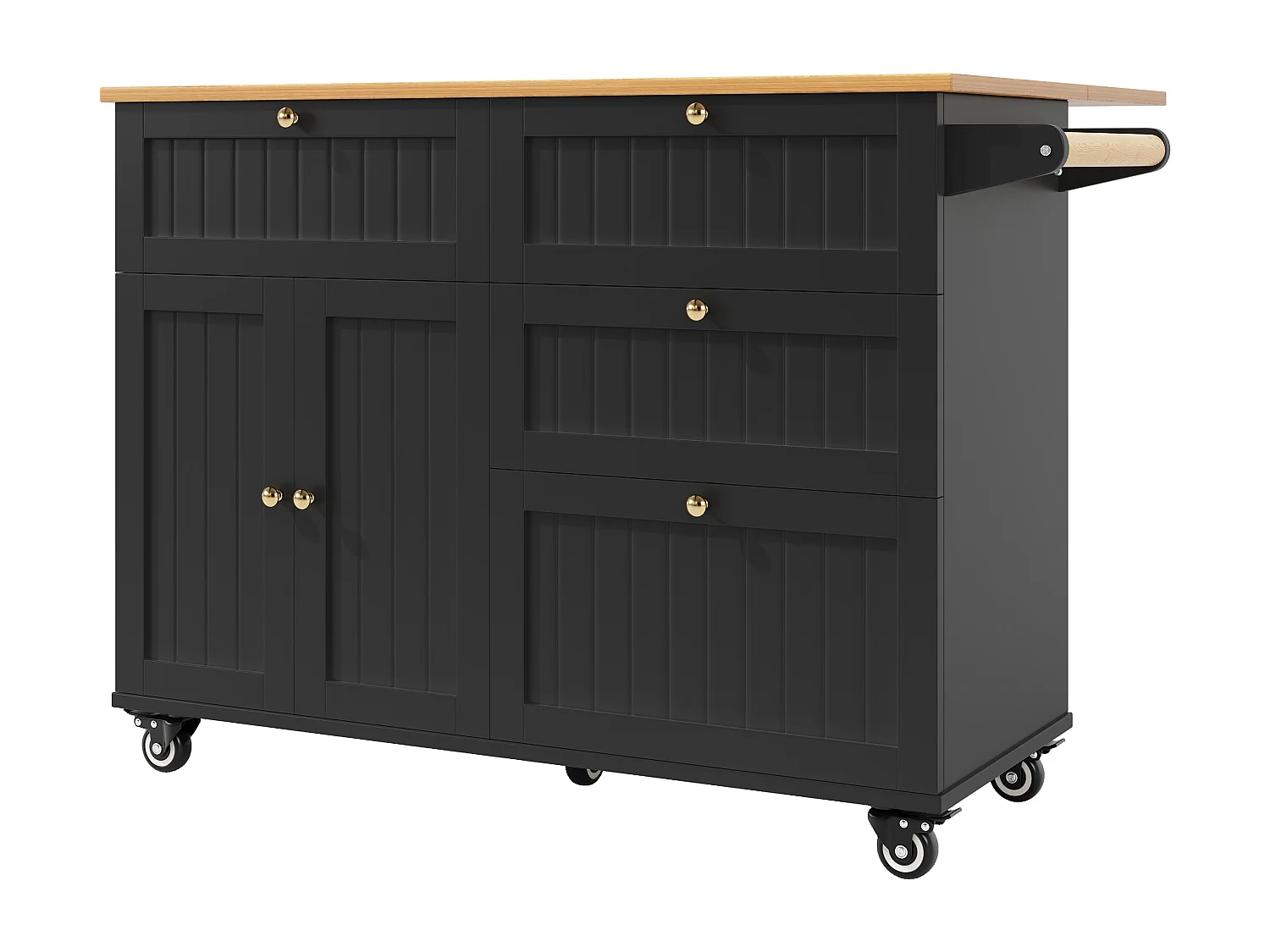 Îlot de cuisine moderne, meuble de rangement, table extensible avec rangement, MDF, noir (133x49.2x88 cm)