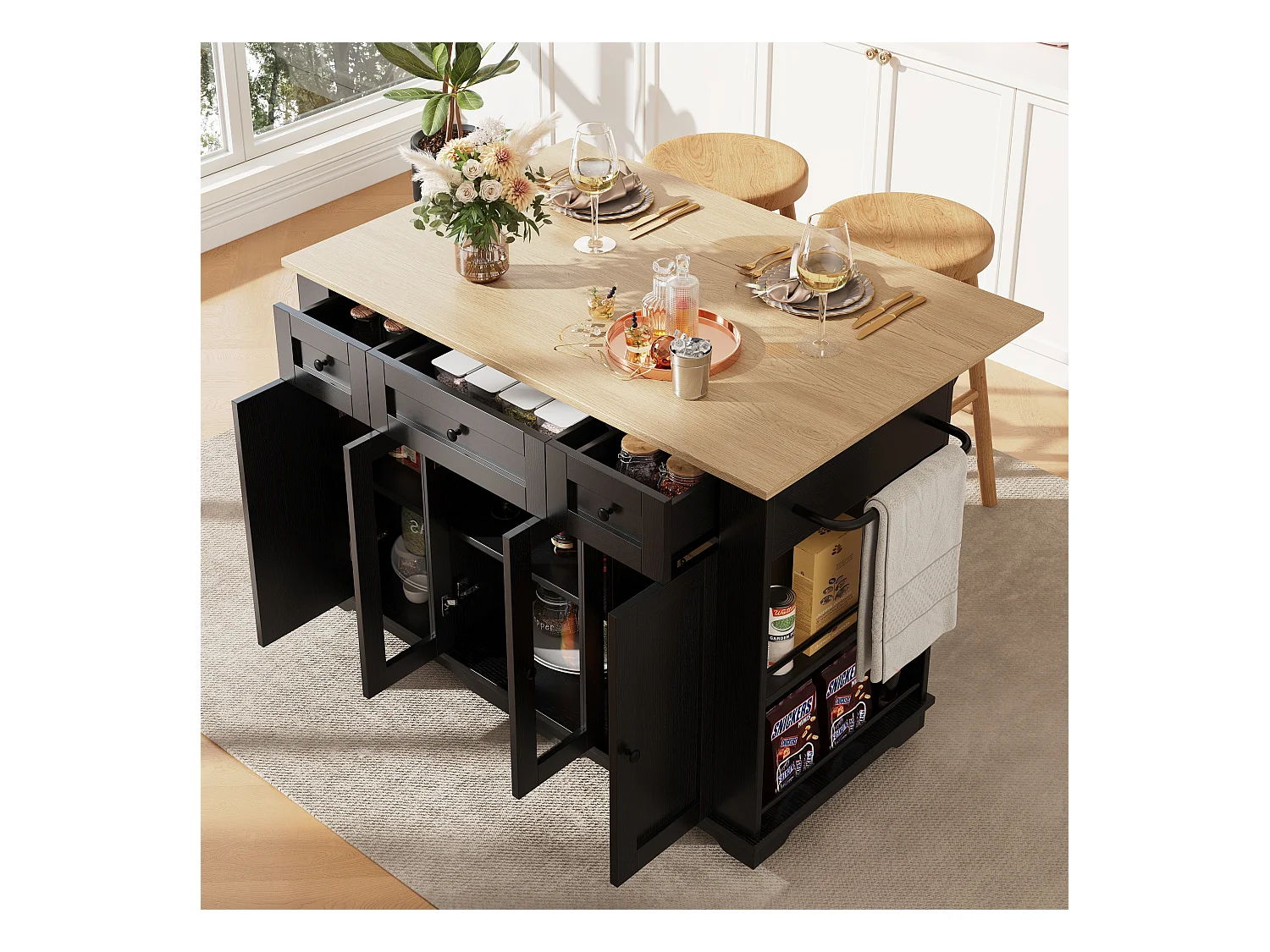 Îlot cuisine avec plan rabattable, séparateurs amovibles, buffet verre trempé, MDF et métal, noir et naturel (151.5x60x91.7 cm)