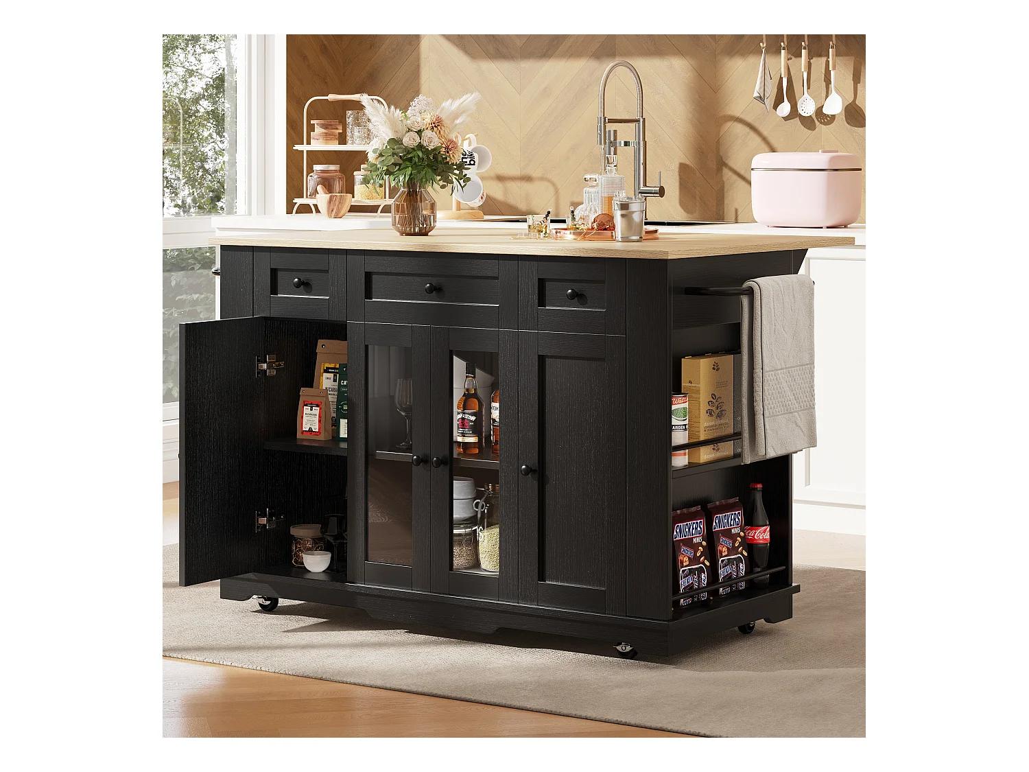 Îlot cuisine avec plan rabattable, séparateurs amovibles, buffet verre trempé, MDF et métal, noir et naturel (151.5x60x91.7 cm)