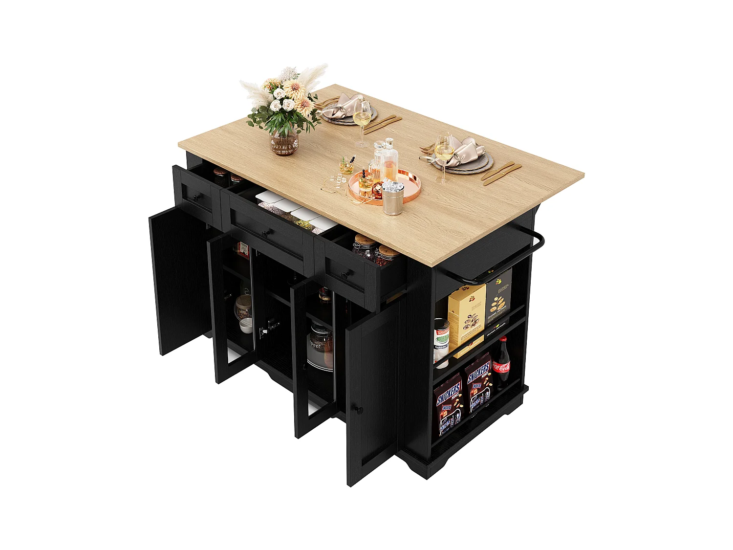 Îlot cuisine avec plan rabattable, séparateurs amovibles, buffet verre trempé, MDF et métal, noir et naturel (151.5x60x91.7 cm)