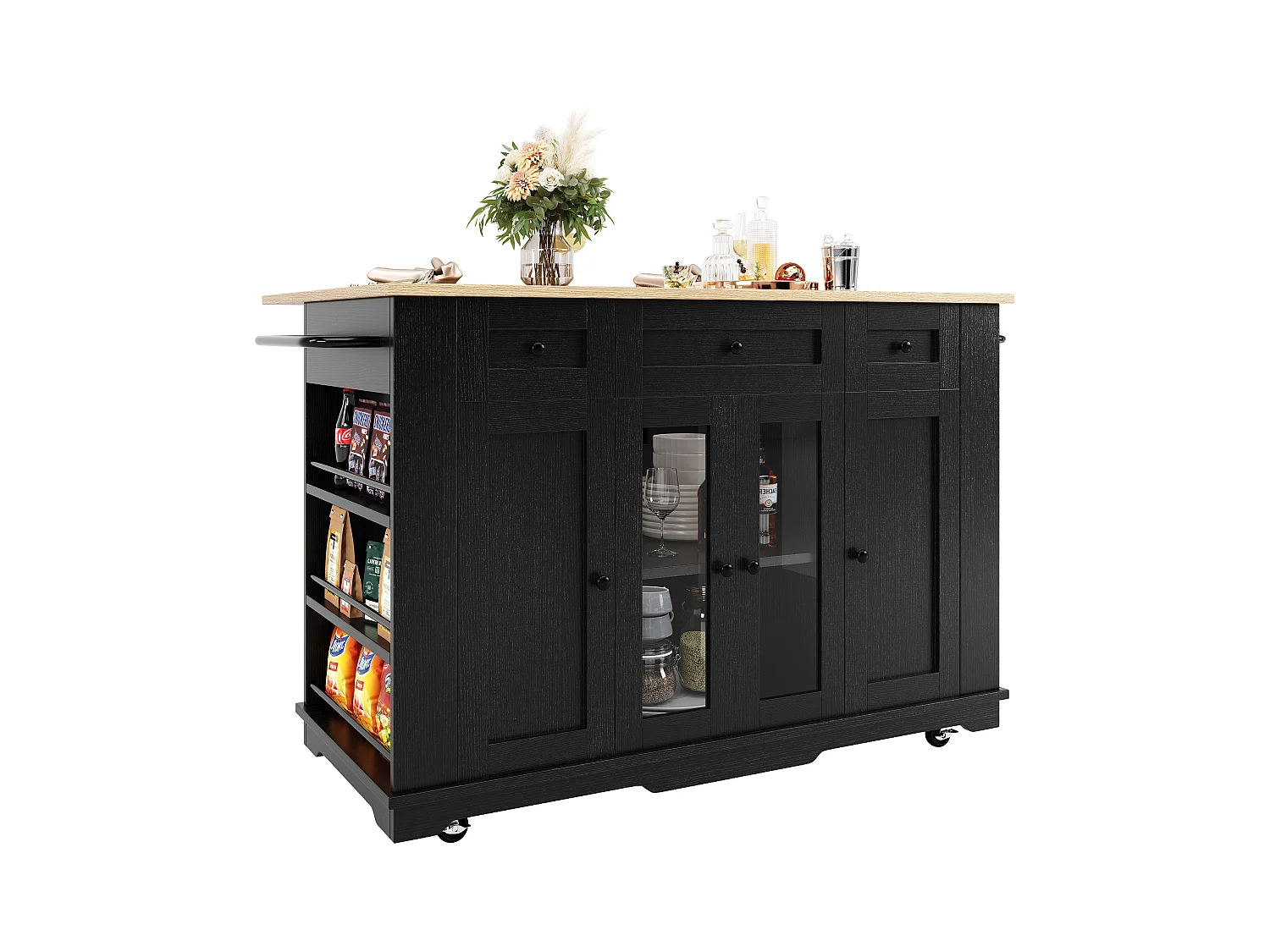 Îlot cuisine avec plan rabattable, séparateurs amovibles, buffet verre trempé, MDF et métal, noir et naturel (151.5x60x91.7 cm)