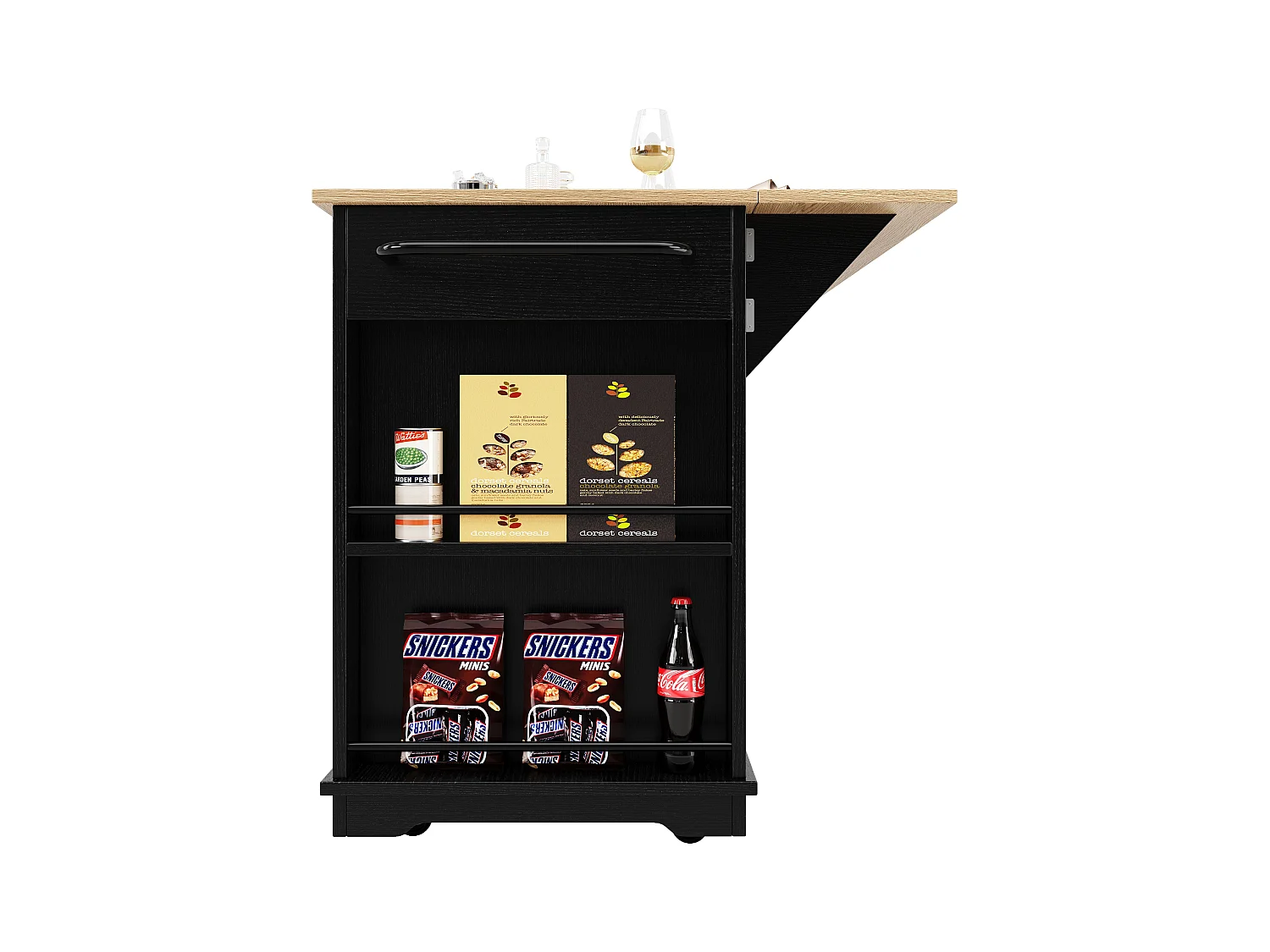 Îlot cuisine avec plan rabattable, séparateurs amovibles, buffet verre trempé, MDF et métal, noir et naturel (151.5x60x91.7 cm)