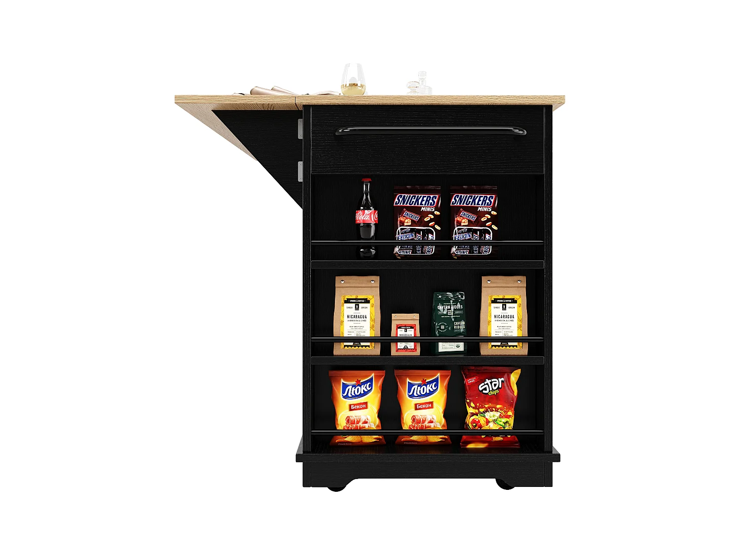 Îlot cuisine avec plan rabattable, séparateurs amovibles, buffet verre trempé, MDF et métal, noir et naturel (151.5x60x91.7 cm)