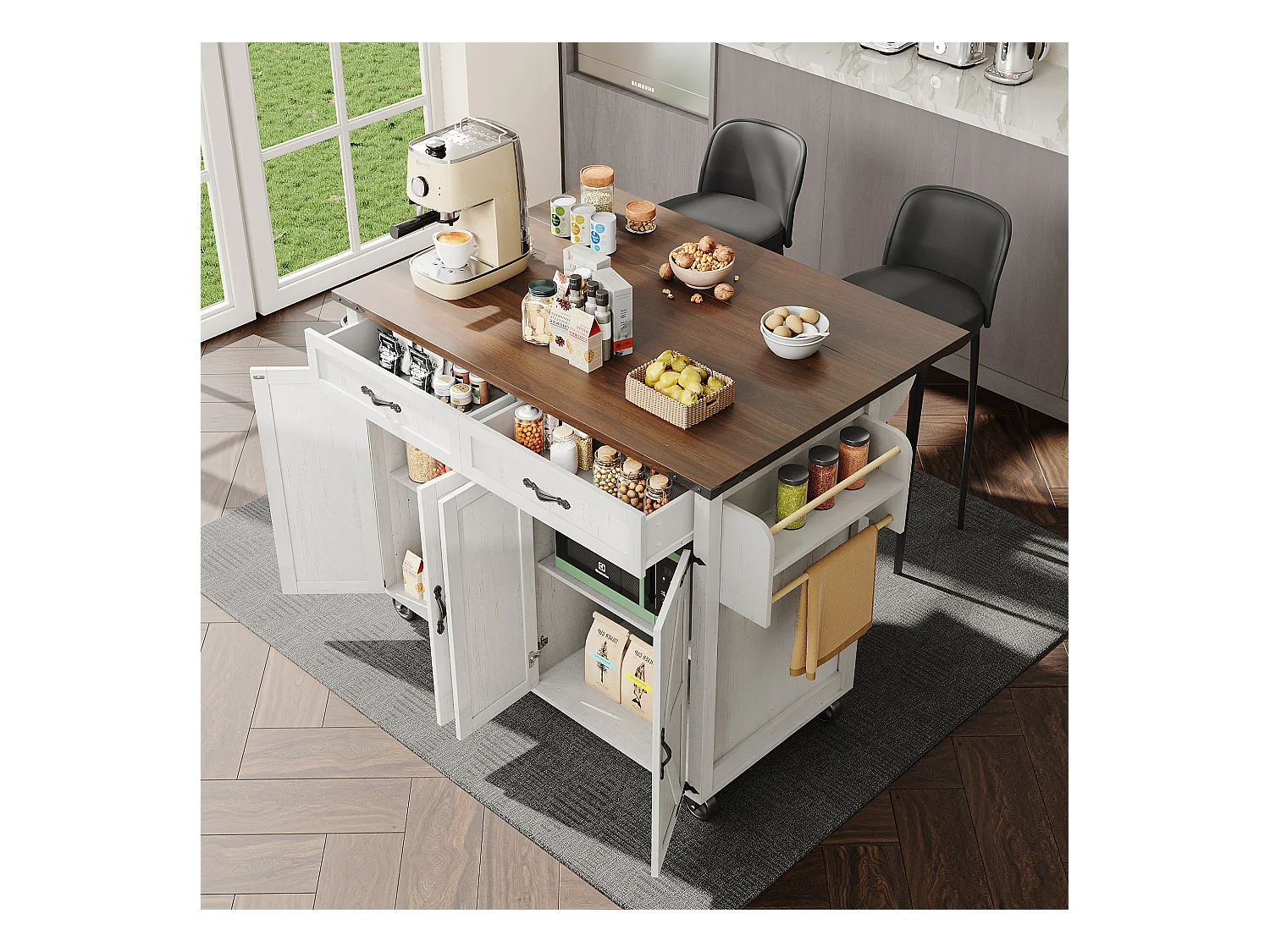 Îlot de cuisine avec plan de travail extensible, chariot de service avec 4 portes et 2 tiroirs, MDF beige et bois (140x45x92.5 cm)