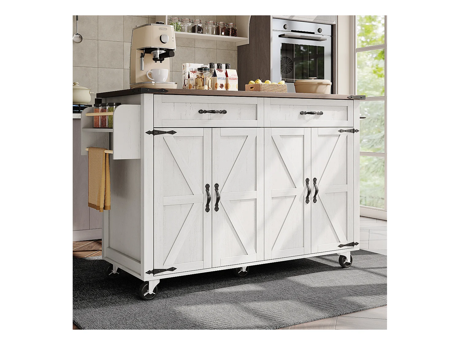 Îlot de cuisine avec plan de travail extensible, chariot de service avec 4 portes et 2 tiroirs, MDF beige et bois (140x45x92.5 cm)