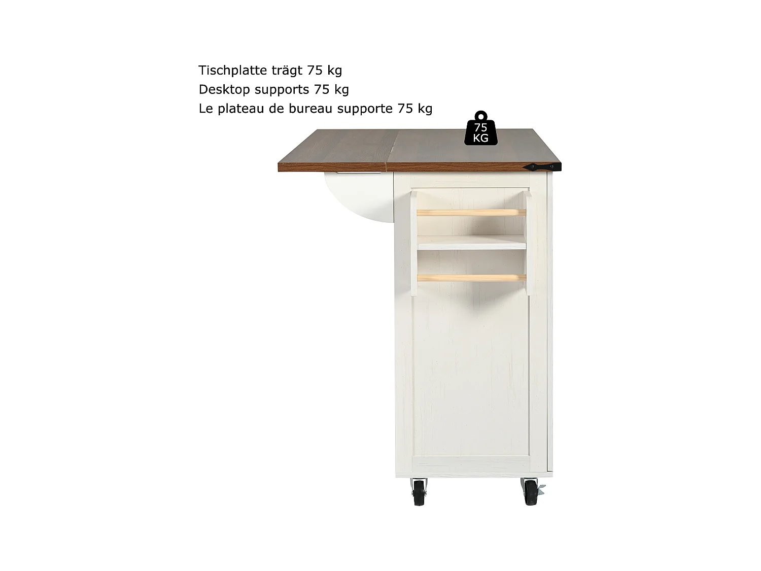 Îlot de cuisine avec plan de travail extensible, chariot de service avec 4 portes et 2 tiroirs, MDF beige et bois (140x45x92.5 cm)